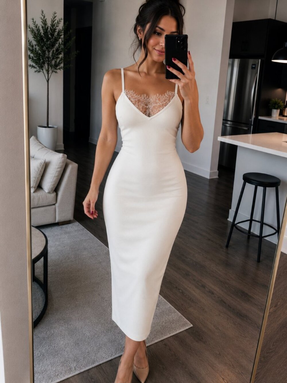 White Midi Dress with Lace Detail